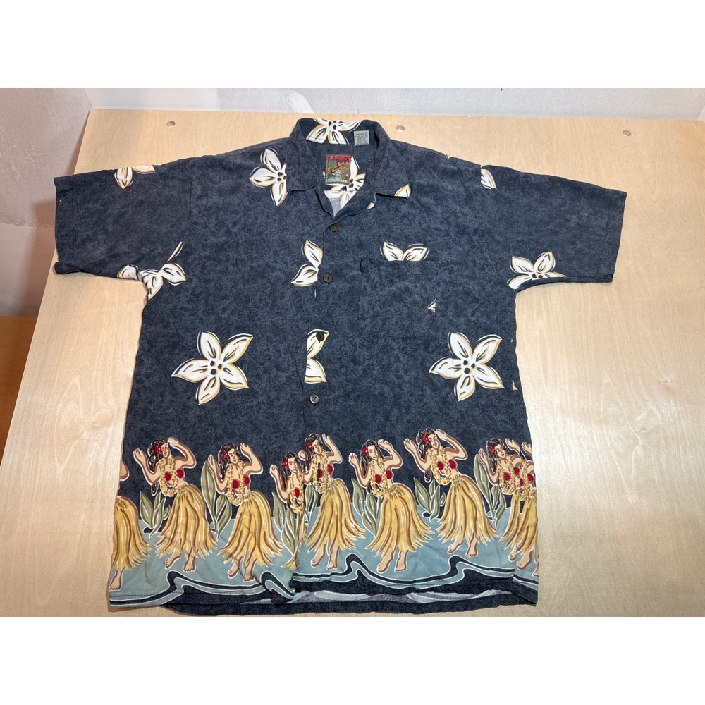 Vintage Pineapple Connection Hawaiian Shirt Mens M Rayon Hula Dancer Grey Korea